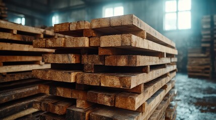 An artistic shot of wooden beams stacked in a timber yard, featuring subtle lighting that highlights the grain and texture of the wood, creating a warm atmosphere.
