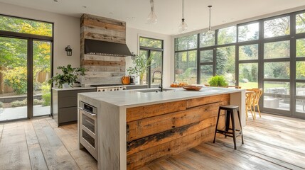Efficient open kitchen design featuring reclaimed wood island modern home interior bright atmosphere wide perspective functional aesthetics