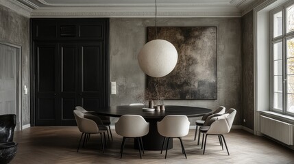 Elegant dining room with monochrome palette modern aesthetic high ceiling sophisticated atmosphere architectural elegance