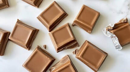 Fototapeta premium Delicious Milk Chocolate Pieces Scattered on Marble