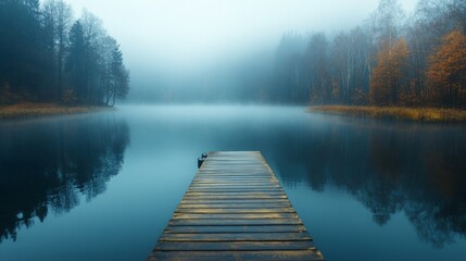 Tranquil Lakeside Scene with Foggy Water and Wooden Dock Leading into the Misty Horizon
