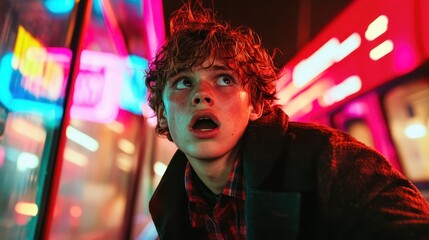 A worried young man stands in a lively city amidst bright neon lights, capturing a moment of uncertainty and urgency, portraying the hustle of urban life.