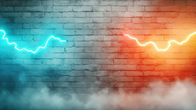 Neon Noir depicts a scene of red and blue neon lights contrasting against the rough texture of unfinished brick walls, creating a dramatic and atmospheric lighting effect