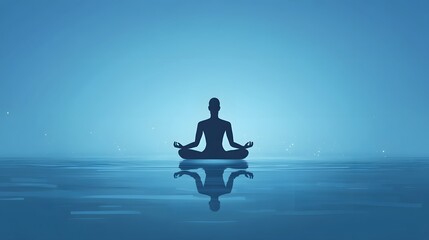 Obraz premium Serene Meditation Silhouette Over Calm Water Under Soft Blue Light