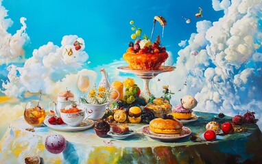 Surreal painting of a whimsical tea party in the clouds, featuring pastries, fruit, and fanciful elements. Vibrant colors and dreamlike atmosphere.