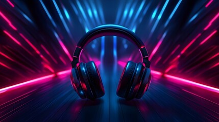 Stylish Headphones with Neon Lights and Abstract Background