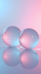 This image showcases two transparent spheres adorned with swirling patterns, gently resting on a reflective surface, set against a pink and blue gradient backdrop.