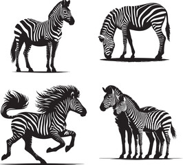 Zebra Silhouette Collection: Standing, Grazing, Running, and Pairing, black and white silhoeutte of zebra isolated on white background, zebra standing, zebra running, 