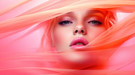 An artistic capture features a model enveloped in flowing ribbons of bright hues, blending beauty and color into a mesmerizing visual composition that captivates viewers.