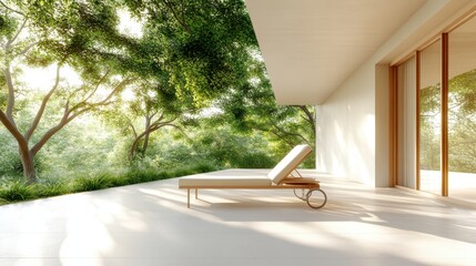 A minimalist lounge setting featuring a single lounge chair in a tranquil outdoor area surrounded by lush greenery, perfectly capturing a serene escape from daily life.