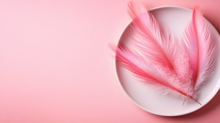 A composition of soft pink feathers elegantly displayed on a round plate, set against a gentle pink backdrop, emphasizing beauty and subtle elegance in simple design.