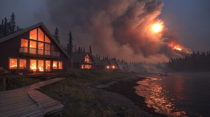 Nighttime Wildfire Engulfs Forest and Cabins