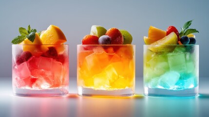 A vibrant display of colorful fruit drinks arranged in icy glasses, showcasing a refreshing assortment of fruits that highlight the essence of summer and cheerfulness.