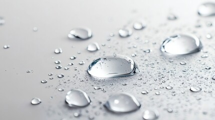 Closeup of transparent water drops scattered across smooth light background The realistic droplets create a fresh rain texture perfect for showcasing purity and hydration themes