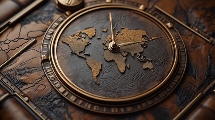 Global collaboration transcending time zones with world map and clock