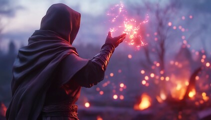 Hooded sorcerer casts magic, fiery background, fantasy game art