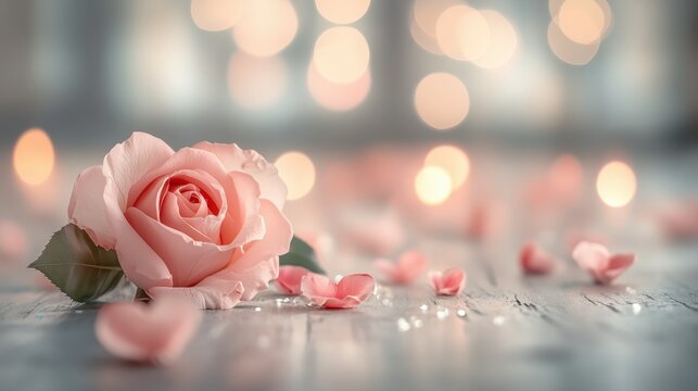 Beautiful pink rose surrounded by petals on a wooden surface with soft glowing lights in the background