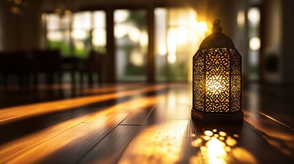 Illuminated Lantern Rests On Wooden Floor During Sunset