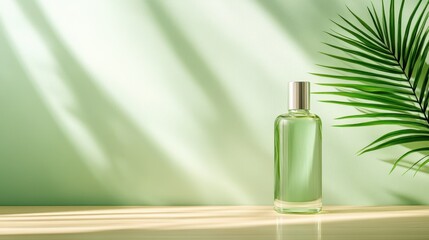 A sleek, clear glass bottle stands elegantly against a leafy backdrop, highlighting a fusion of beauty and nature in a refreshing minimalist design.