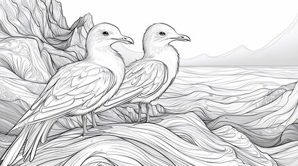 Fototapeta premium Two seagulls perched on rocks by the sea, detailed illustration in black and white