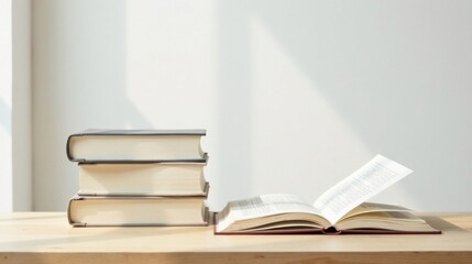Fototapeta premium Stack of books and an open book on a wooden surface bathed in sunlight