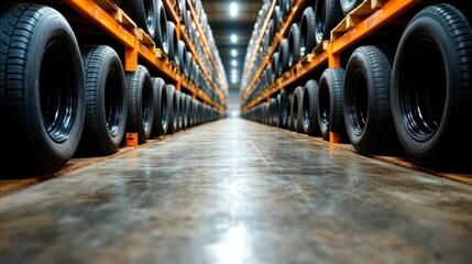 This image illustrates a neatly organized tire shelf in a warehouse, emphasizing the importance of efficient storage solutions and systematic inventory management.