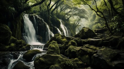 Lush Forest Scene with Cascading Waterfall and Mossy Rocks.