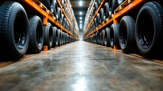 This image illustrates a neatly organized tire shelf in a warehouse, emphasizing the importance of efficient storage solutions and systematic inventory management.