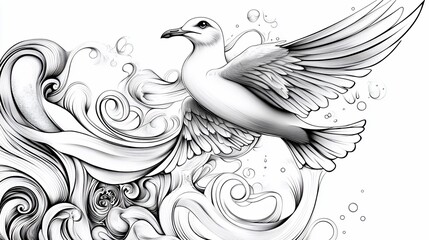 Elegant Line Art of a Seagull in Flight over Flowing Water Designs