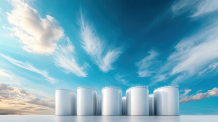 A collection of large white industrial tanks stand tall against a vibrant blue sky, showcasing the interface between nature and industrial development.