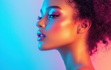A radiant portrait of a young woman with creative makeup, set against a matte pastel-toned background.