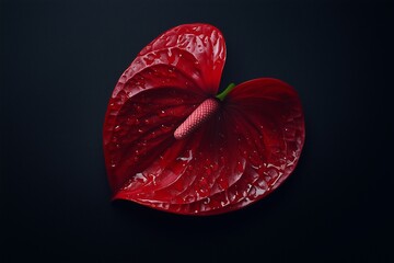 Fototapeta premium A vibrant red anthurium on a matte black background, emphasizing its glossy texture.