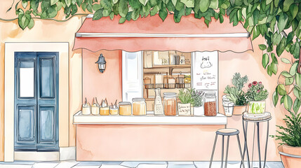 Charming peach-colored shop, selling herbs and spices, in a quaint European town, with lush greenery overhead; ideal for travel blogs or food websites