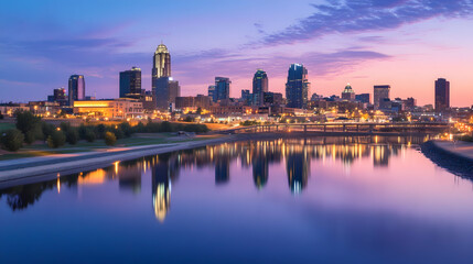 Obraz premium City skyline reflecting in calm river at dawn; peaceful urban landscape; ideal for travel brochures