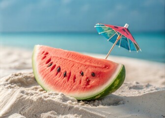 Watermelon Slice with Cocktail Umbrella on Sand: Refreshing Summer Background
