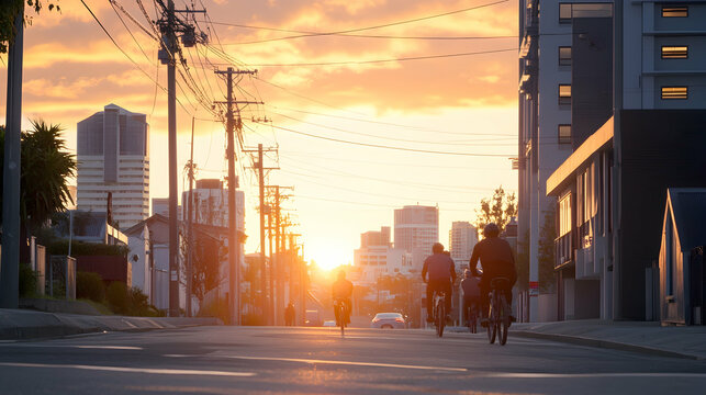 City cyclists at sunset, urban landscape background; ideal for travel, lifestyle, or active living promotions