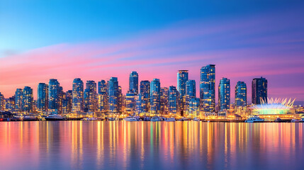 Fototapeta premium Cityscape sunset, harbor reflection, urban skyline, twilight, travel brochure