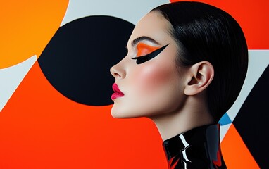 High-fashion portrait featuring a woman with dark sleek hair and bold eyeliner, complemented by a stylish abstract geometric background