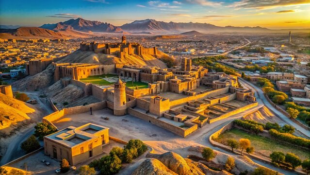 Aerial View of Herat Citadel, Ancient Afghan Fortress, Majestic Sunset