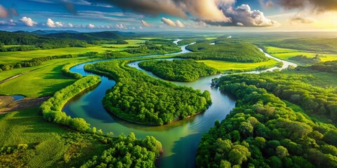 Aerial View of Indian River Winding Through Lush Landscape