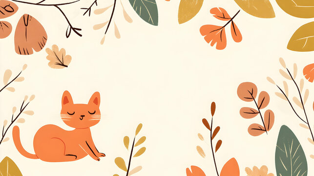 Cute orange cat autumn leaves border background; perfect for greeting cards or social media