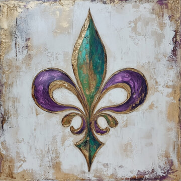 An abstract painting of a fleur-de-lis, with purple, green and gold colors, on a neutral background. Mardi Gras concept, fleur-de-lis in the shape of a mask. Copy space for text. Banner.