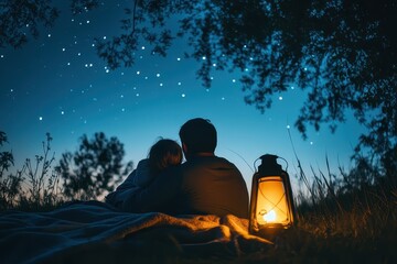 Under a starlit sky, two figures embrace quietly beside a glowing lantern in a tranquil evening setting. Generative AI