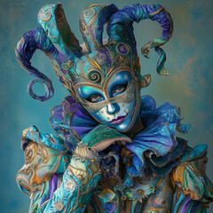 Full-length image of a man wearing a mask covering his face with an elegant jester costume in iridescent blue and green colors. Blue background. Mardi Gras, Carnaval. Copy space.