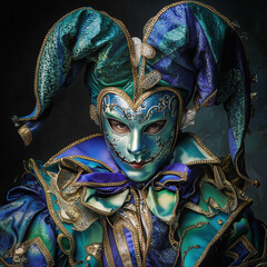 Full-length image of a man wearing a mask covering his face with an elegant jester costume in iridescent blue and green colors. Blue background. Mardi Gras, Carnaval. Copy space.