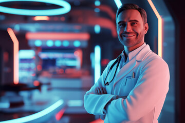 Male doctor smiling warmly in a futuristic hospital room with soft ambient lighting.