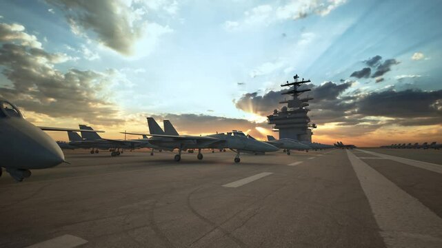 Navy Fighters Sit On The Flight Deck On An Aircraft Carrier, Sunset Time