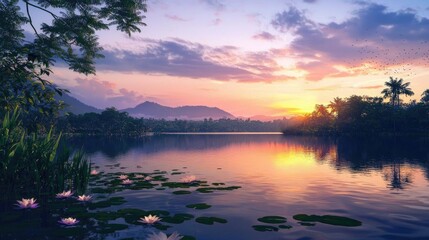 Fototapeta premium Tranquil Sunset over Tropical Lake and Mountains