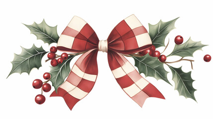 Festive red and white plaid bow with holly berries and leaves, perfect for Christmas cards or winter holiday designs