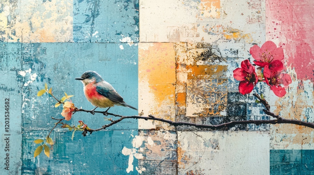 Poster a charming bird rests on a branch with blossoms, surrounded by a stunning collage of rich blue and w